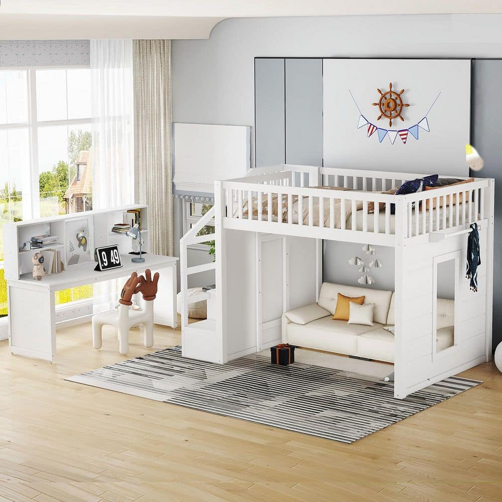 Abibola White Full Wood Loft Bed with Movable Desk and Storage Shelf, Featuring Storage Stairs price history on PriceWatchPro