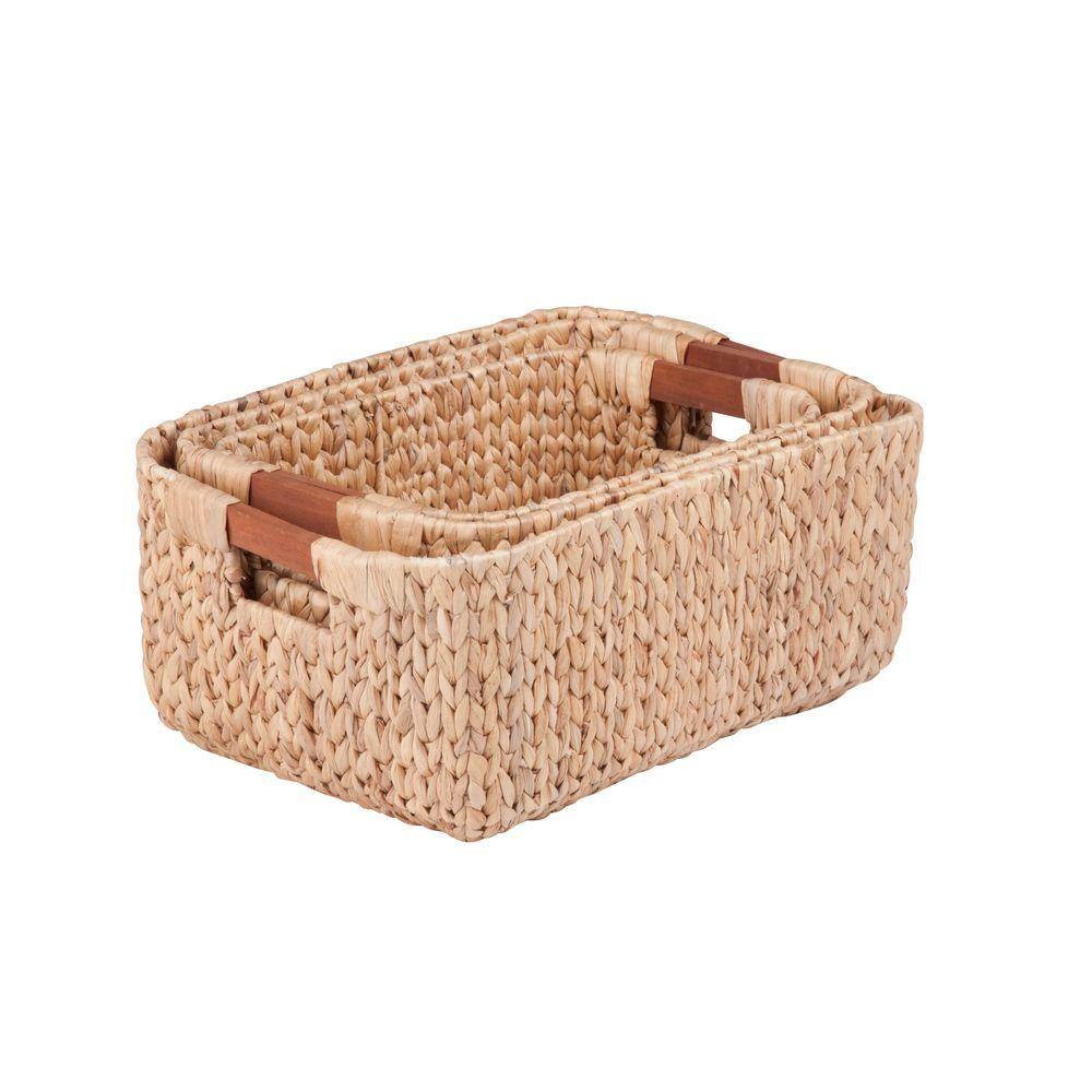 HMF Woven Water Hyacinth Storage Basket With Wooden Handles - 37x22x20cm, Natural Style For Bathroom, Living Room