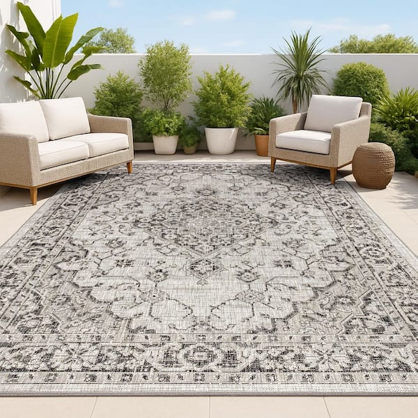 Rozetta Boho Medallion Textured Weave Gray/Black 9 ft. x 12 ft. Indoor/Outdoor Area Rug