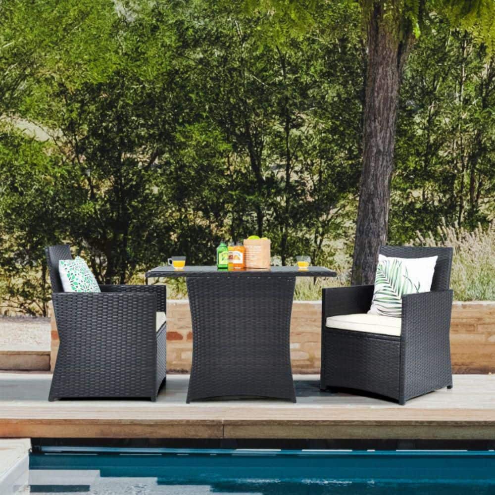 3-Piece Black Steel and Glass Patio Bistro Set with White Cushions