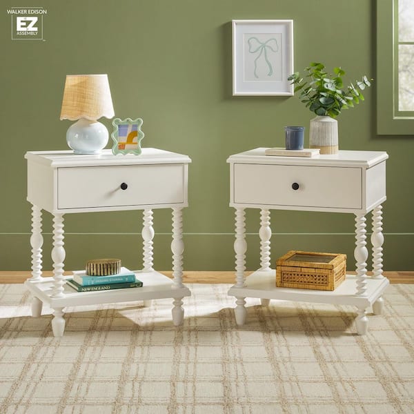 Modern Farmhouse Easy Assembly White 1-Drawer 22 in. W Solid Wood Spindle-Detailing Nightstand, Set of 2