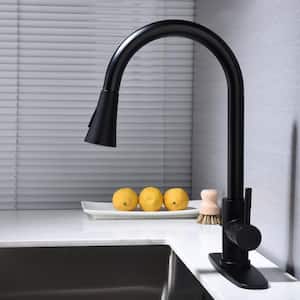 20 in. Hose Single Handle Gooseneck Pull Down Sprayer Kitchen Faucet with Deckplate Included in Matte Black