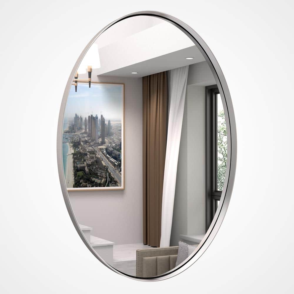 Modern Polished Silver Oval Vanity Mirror with Stainless Steel Frame