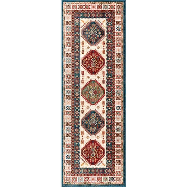 3 ft. x 8 ft. Ivory Emblem Fringed Indoor Runner Rug