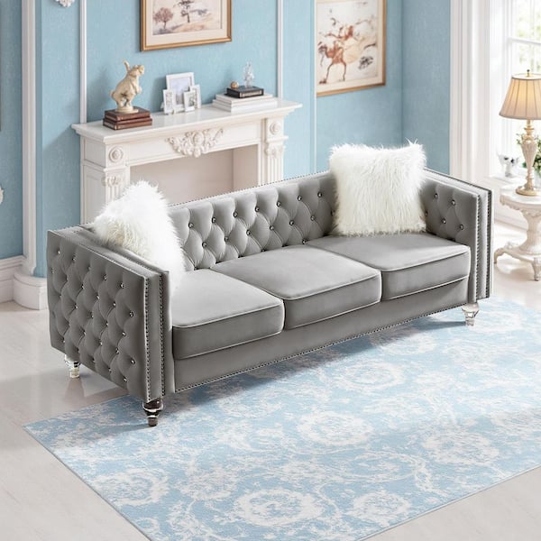 Chic 83.07 in. Square Arm Velvet 3-Seater Rectangle Sofa Couch with Tufted Buttons, Nailhead & Acrylic Legs in. Gray