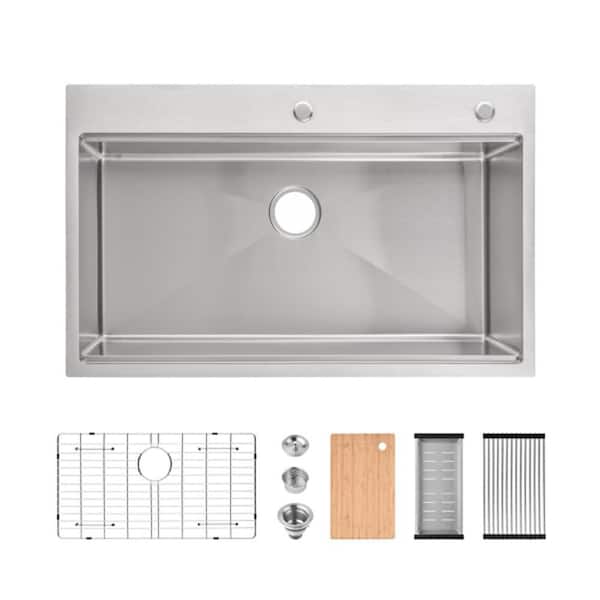 36 in. Drop-In Single Bowl 20-Gauge Silver Stainless Steel Kitchen Sink with Cutting Board, Colander, Grid