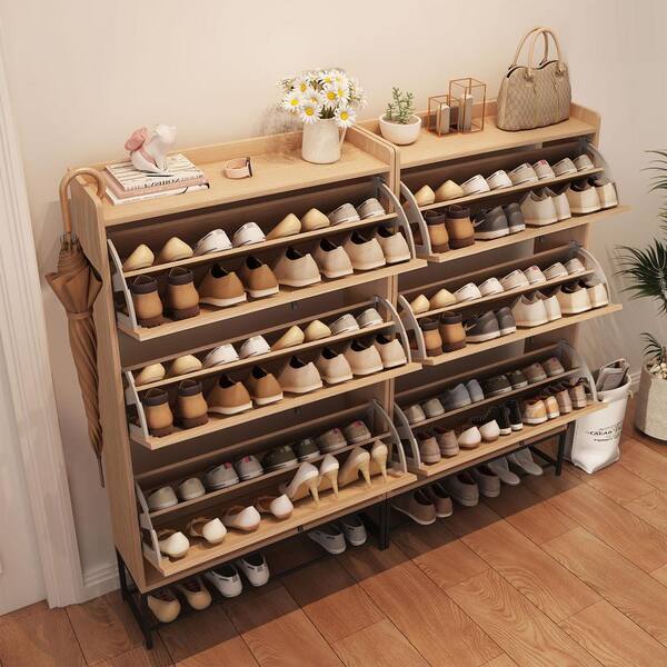 ATHMILE Natural Wooden Shoe Storage Cabinet with Triple-Tier Flip