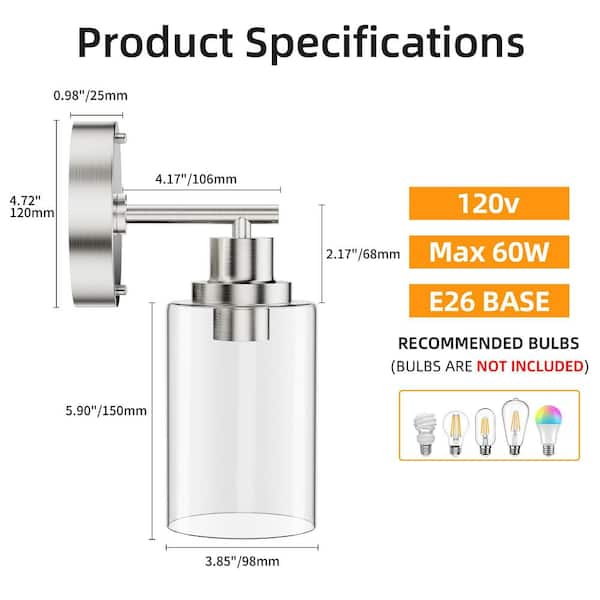 3.85 in. 1-Light Brushed Nickel Vanity Light with Clear Glass Shade Wall Fixture for Bathroom Mirror, Bulb Not Included