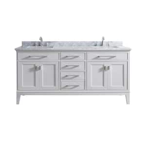 Danny 72 in. Double Bath Vanity in White with Marble Vanity Top in Carrara White with White Basins