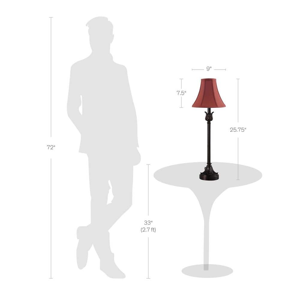 Bronze Buffet Table Lamp Set with Burgundy Fabric Shades