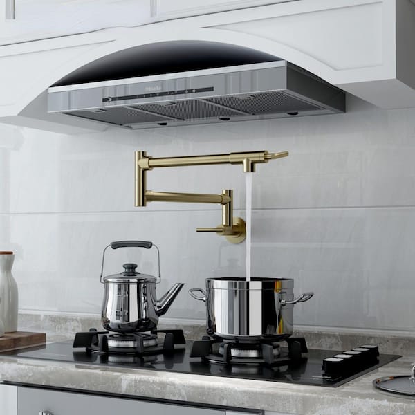 Wall-Mount Kitchen Pot Filler Faucet with 2 Handles, Swivel Spout, Easy-Clean Nozzles in Brushed Gold