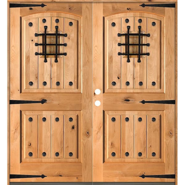 64 in. x 96 in. Mediterranean Knotty Alder Arch Top Clear Right-Hand Inswing Wood Double Prehung Front Door