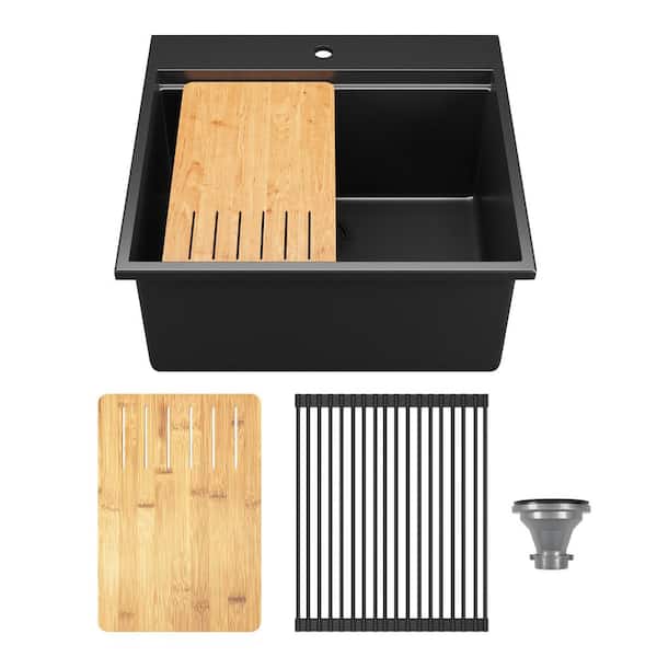 Workstation 25 in. 1-Hole Drop-In Quartz Composite Single Bowl Kitchen Sink in Matte Black with Accessories