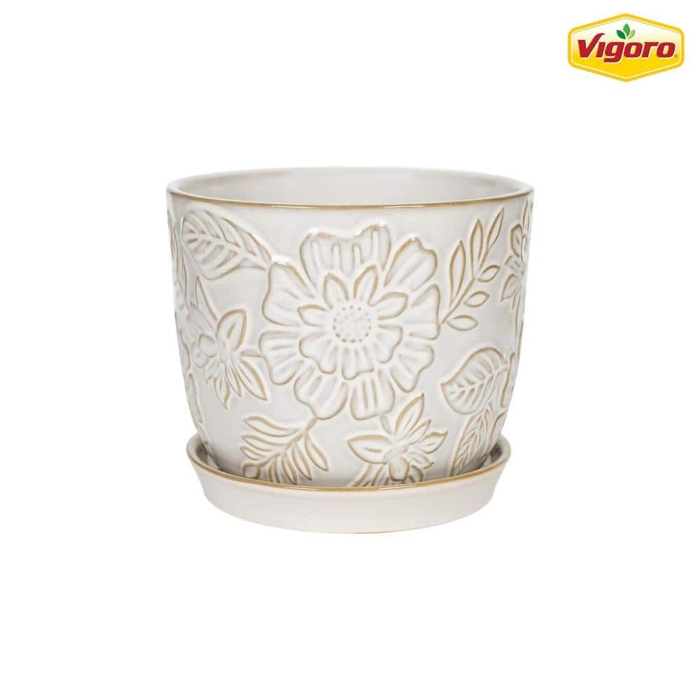 Vigoro 7.2 in. Lorelai Small White Floral Ceramic Pot (7.2 in. D x 6.3 in.  H) with Drainage Hole and Attached Saucer 527407 - The Home Depot