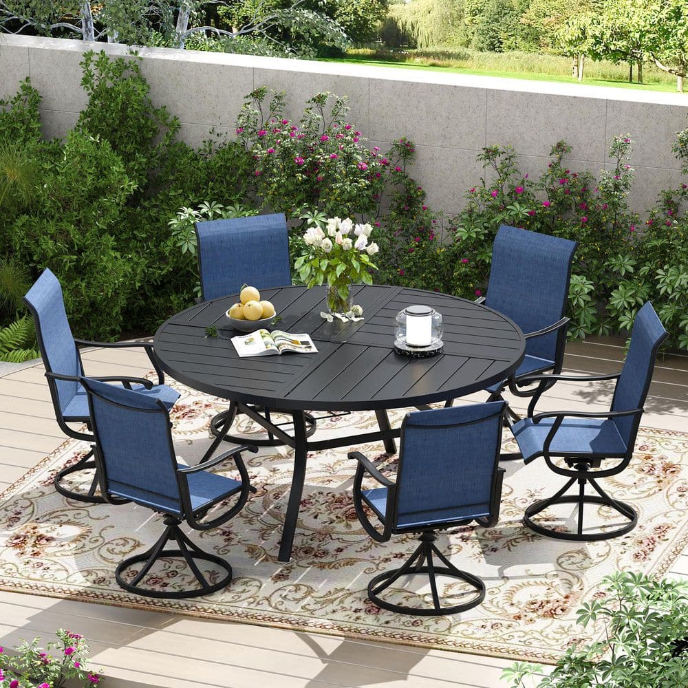 7-Piece All-Weather Metal Outdoor Patio Dining Set with 53.1 in. Black Round Table and 6 Blue Textilene Swivel Chairs price history on PriceWatchPro