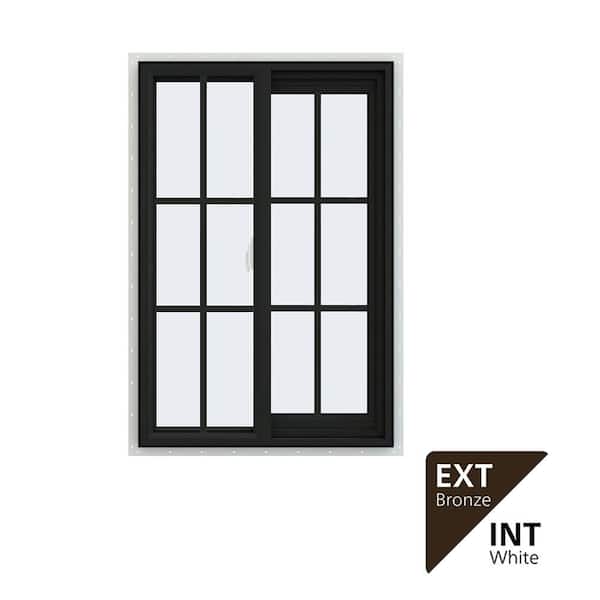 24 in. x 36 in. V-2500 Series Bronze Exterior/White Interior FiniShield Vinyl Right-Handed Sliding Window Colonial Grids