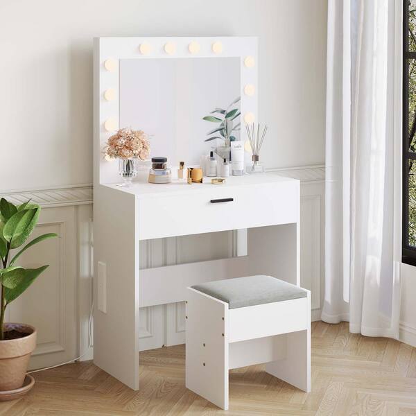 JASIWAY White 1-Drawer 31.5 in. Dresser with Mirror and Chair