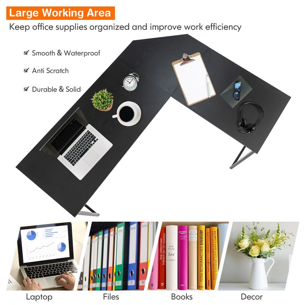 Modern L-Shaped Black Wood & Metal Corner Computer Desk