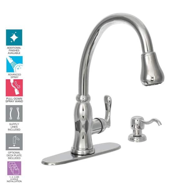 Pavilion Single-Handle Pull-Down Sprayer Kitchen Faucet with Soap Dispenser in Chrome
