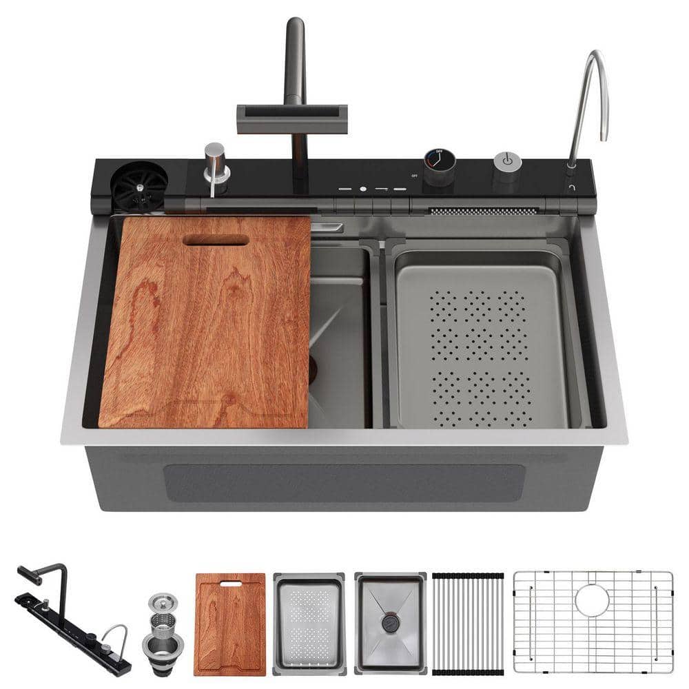 34-Inch Drop-in Kitchen Sink – Waterfall Single Bowl Stainless Steel Sink With 2-in-1 Faucet, Cutting Board, Drainer & Accessories (34x20 Inches)