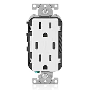 30-Watt 6 Amp White USB Type-C/C 15 Amp Tamper-Resistant Outlet USB Charger for Smartphones and Tablets, Not for Laptops