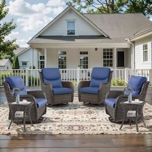 Crescent 6-Piece Brown Wicker Outdoor Swivel Rocker Patio Chairs Patio Conversation Set with Navy Blue Cushions