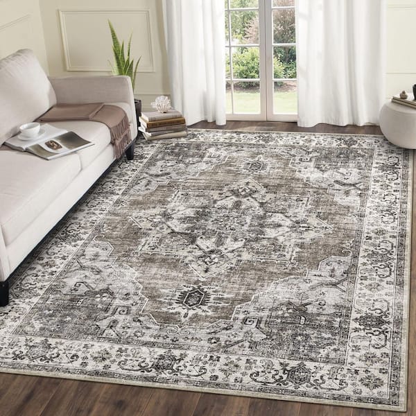 Ultra-Thin Washable Vintage Floral Rug Soft Non-Slip for Bedroom Living Room Office Brown 9 ft. x 12 ft. Area Rug