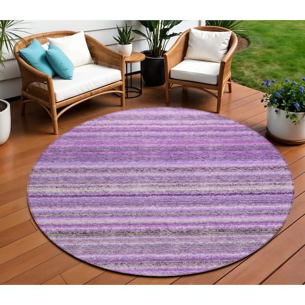 Purple, Eggplant, Lilac 8 ft.  RoundWoven Striped Polyester Round Indoor / Outdoor Area Rug