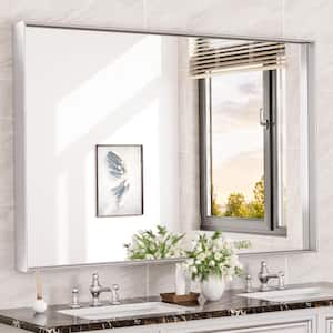 55 in. W x 36 in. H Rectangular Framed Aluminum Square Corner Wall Mount Bathroom Vanity Mirror in Brushed Silver