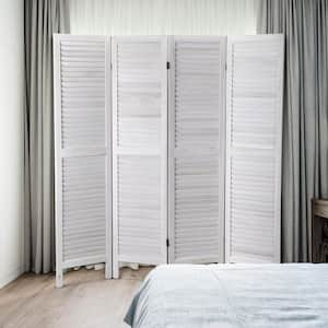 Old white 4-Panel Sycamore Wood Panel Screen Folding Louvered Room Divider