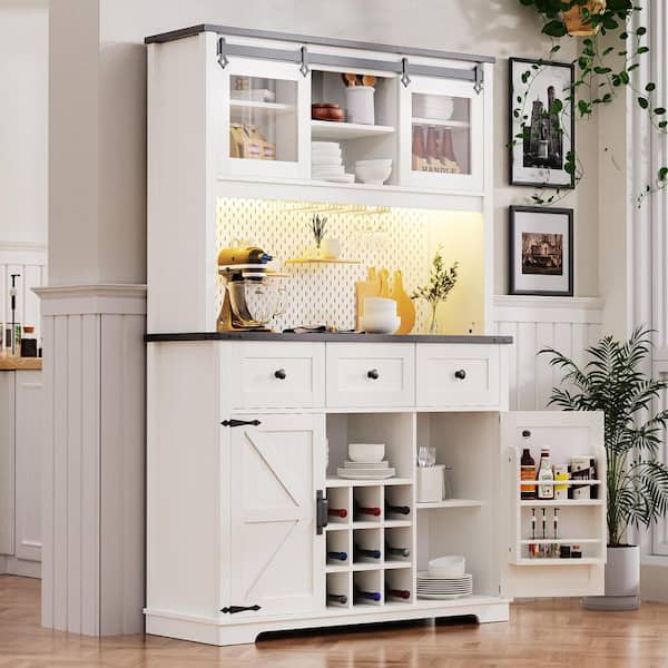 47 in. W x 14 in. D x 71 in. H White Wood Linen Cabinet with Sliding Door, 2 Power Outlet, Wine & Glasses Rack in White