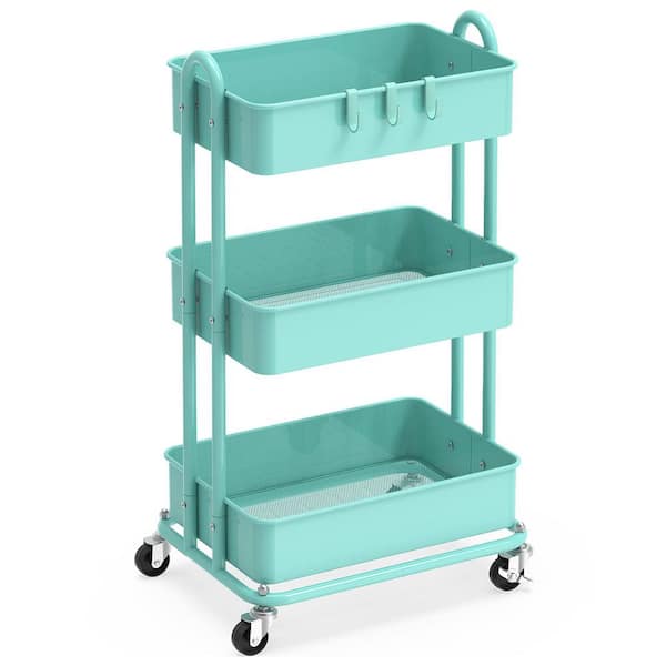 3-Tier Metal -Wheeled Utility Cart in Turquoise