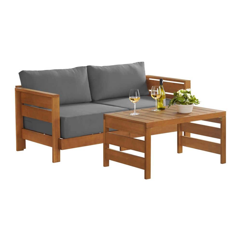 Barton 2-Piece Wood Outdoor Loveseat with Coffee Table Patio Furniture Set With Gray Cushions price history on PriceWatchPro