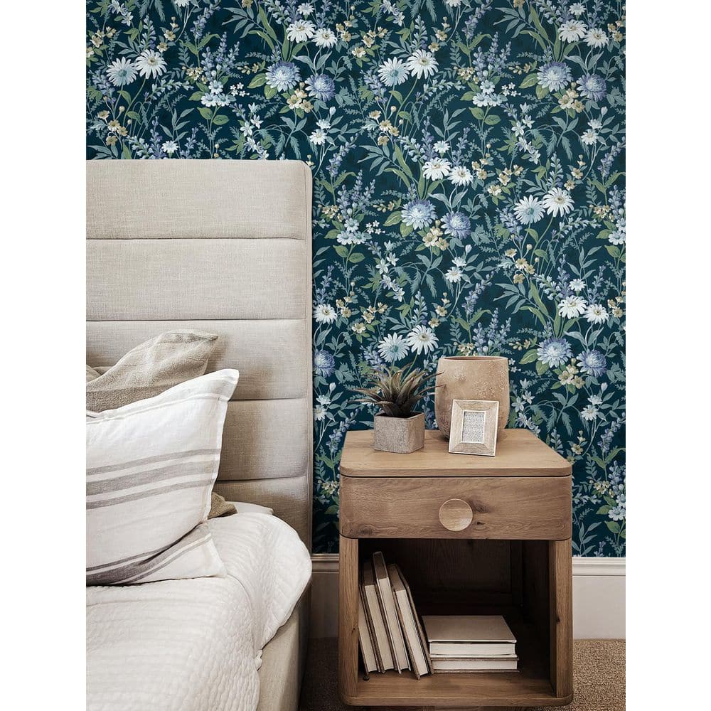 Teal and White Vinyl Floral Peel and Stick Wallpaper