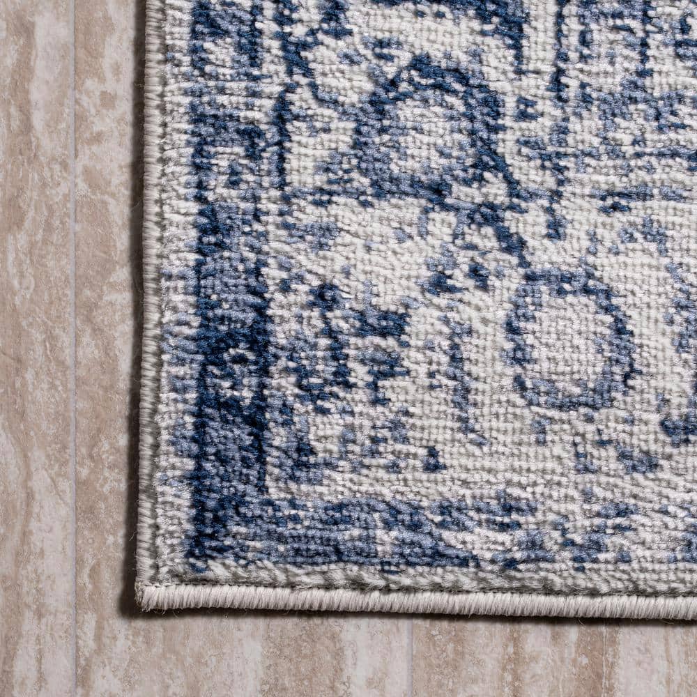 Navy and Ivory Rectangular Synthetic Medallion Area Rug