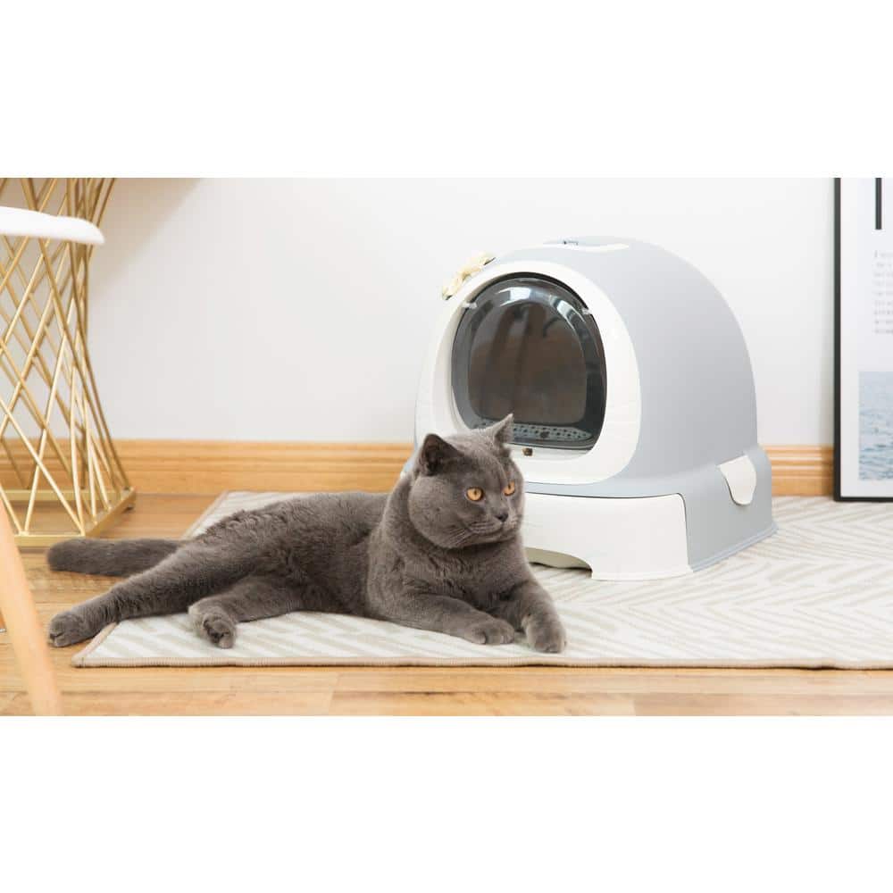Gray and White Fully Enclosed Hooded Litter Pan with Front Entry