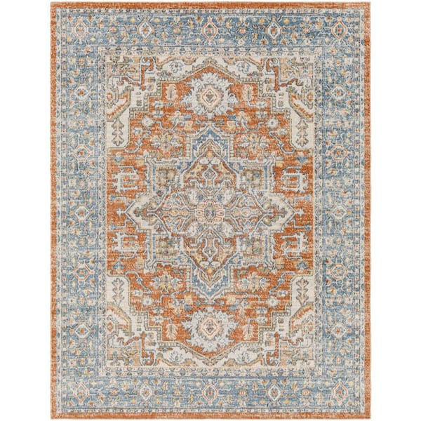 Livabliss Lillian Rust/Sky Blue 5 ft. x 7 ft. Medallion Machine-Washable Indoor Area Rug