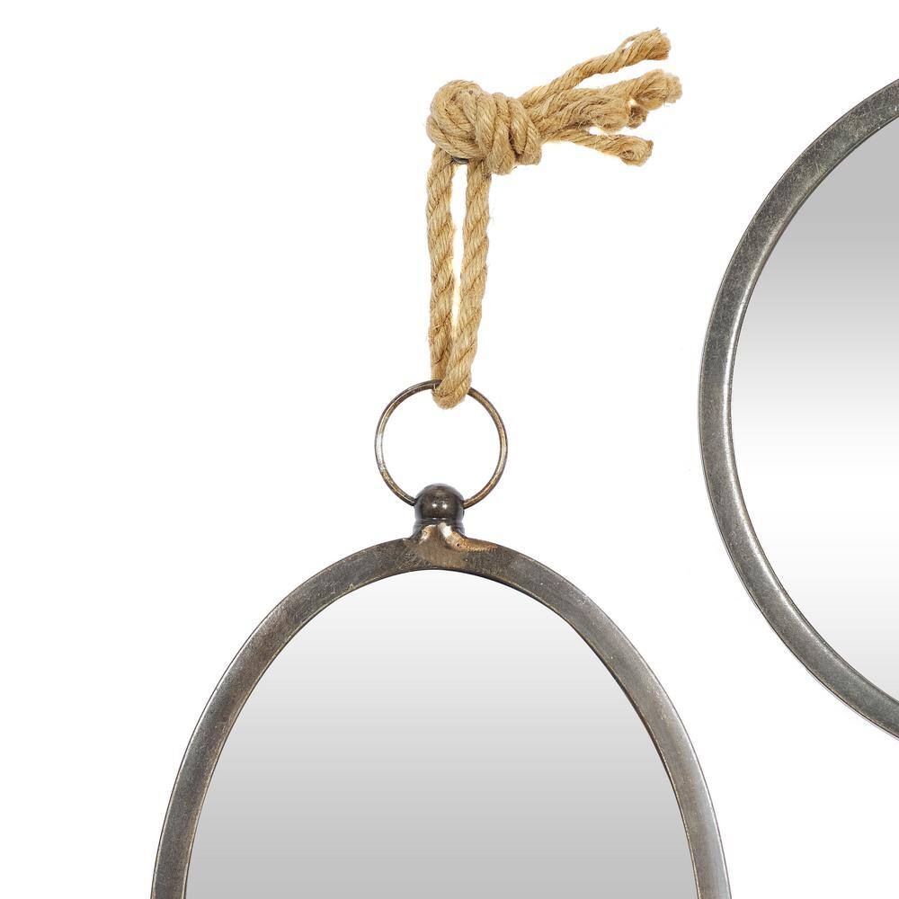 Gray Metal Round and Oval Wall Mirrors with Rope Hangers, Set of 5