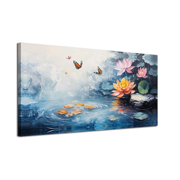 1-Piece Framed Lotus Canvas Wall Butterfly Floral Painting Zen Artwork Poster 20 in. x 40 in.