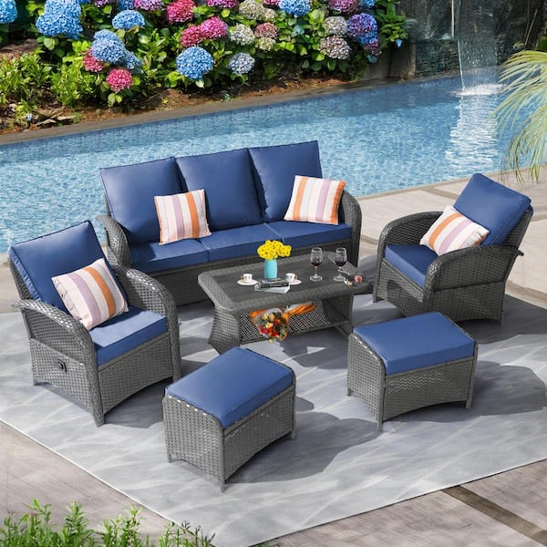 NOBLEMOOD Grey 6-Piece Wicker Outdoor Patio Conversation Sectional Seating Set Blue Cushions