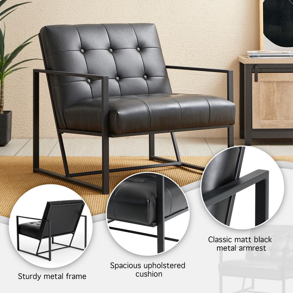 Modern Black Faux Leather Barrel Accent Chair with Metal Frame