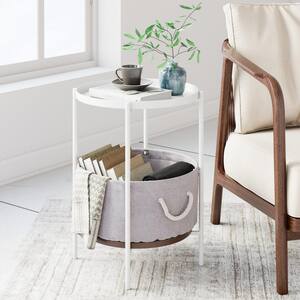 Oraa Beige and White Metal Frame Nightstand or Side Table with Storage Basket and Rope Handle