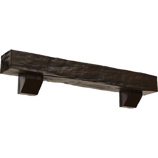 Ekena Millwork 4 in. x 8 in. x 4 ft. Riverwood Faux Wood Beam Fireplace Mantel Kit, Ashford Corbels in Burnished Mahogany