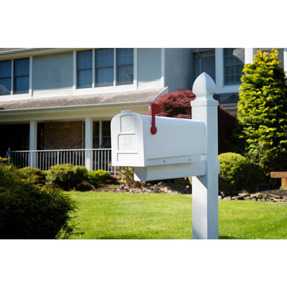 White Medium Plastic Post Mount Mailbox with Red Flag