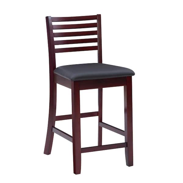 Linon Home Decor Roman 24 in. Merlot Brown Ladder Back Wood Counter Stool with Faux Leather Seat
