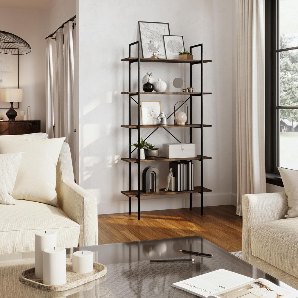 Lavish Home 5Tier Industrial Style Wooden Bookcases Freestanding