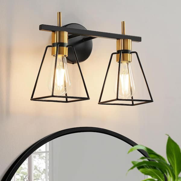 13 in. 2 Light Black and Gold Vanity Light with Metal Cage Shade Farmhouse Bathroom Light Fixture Industrial Wall Sconce