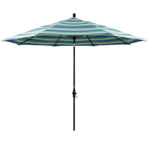 11 ft. Bronze Aluminum Pole Market Fiberglass Collar Tilt Crank Lift Outdoor Patio Umbrella in Seville Seaside Sunbrella