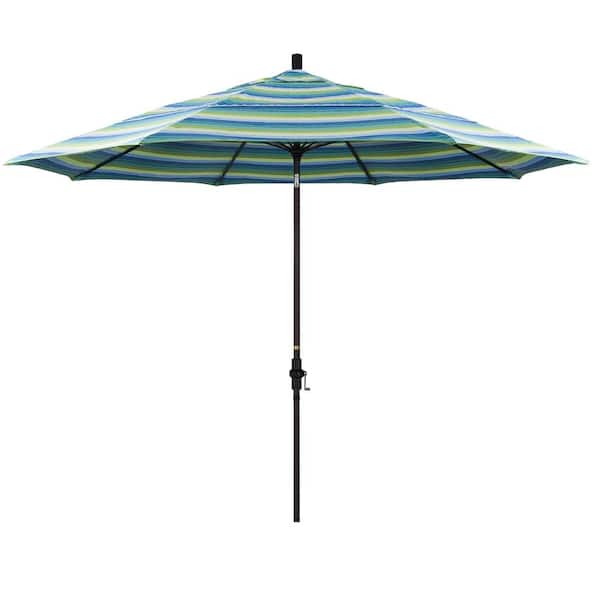 California Umbrella 11 ft. Bronze Aluminum Pole Market Fiberglass Collar Tilt Crank Lift Outdoor Patio Umbrella in Seville Seaside Sunbrella