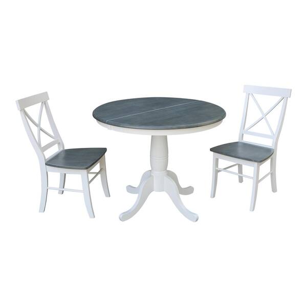 International Concepts Laurel 3-Piece 36 in. White/Heather Gray Extendable Solid Wood Dining Set with X-Back Chairs
